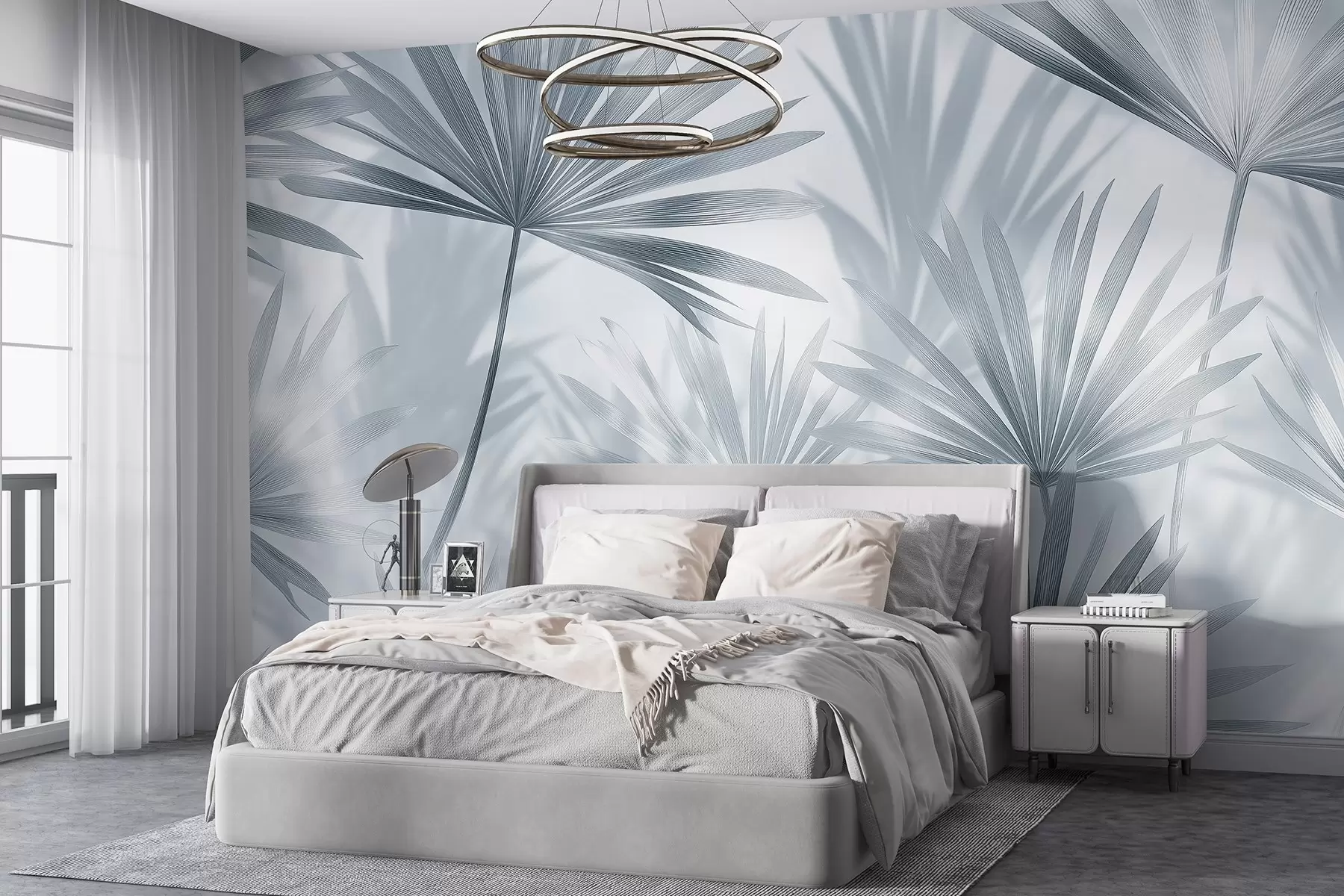 fototapet Frunze de palmier, model floral, minimalism, tropical, culori gri w03152v1