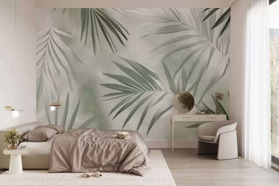 fototapet Frunze tropicale abstracție, palmier, paleta de culori verzi  w03153v2
