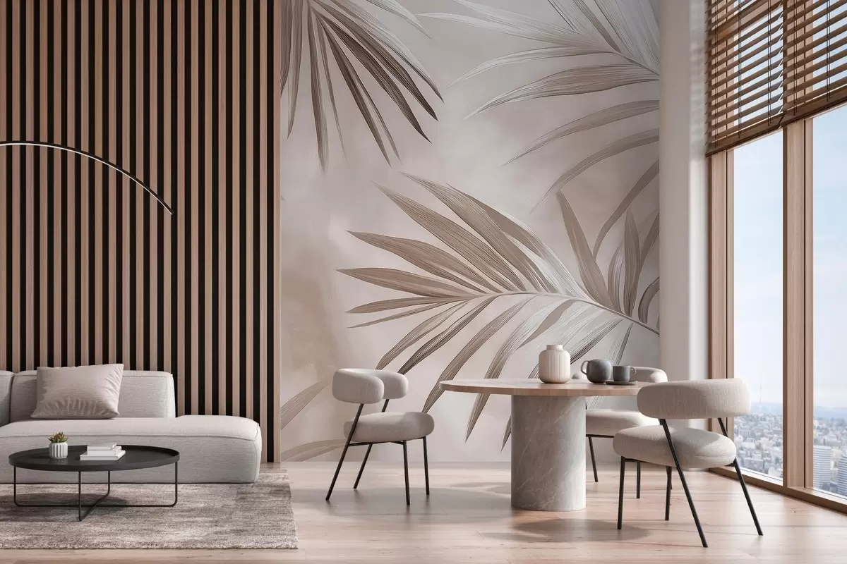 fototapet Abstracție frunze tropicale, palmier, paletă de culori bej  w03153v3