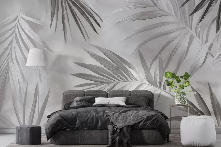 fototapet Abstracție frunze tropicale, palmier, paletă de culori gri  w03153v4