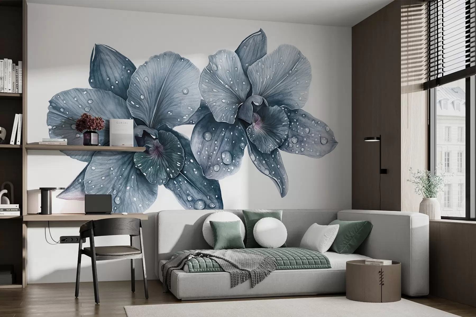 fototapet Flori frumoase de orhidee, desen în stil acuarelă, culori albastre w03164v2