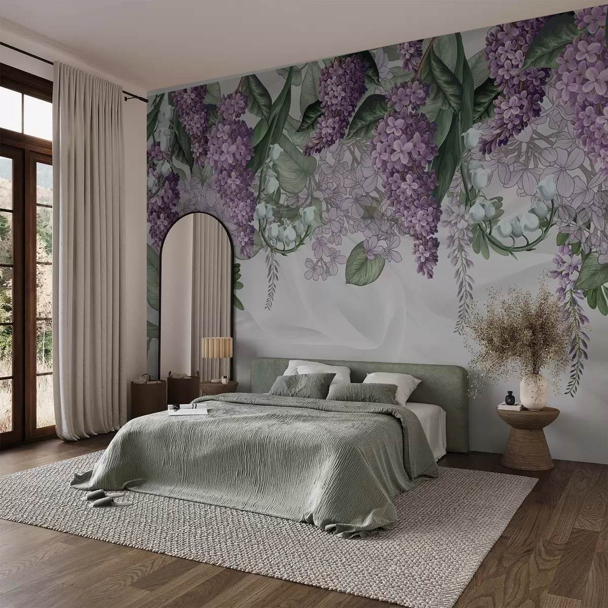 fototapet Flori liliachii pastelate și frunze verzi pe un fundal alb cu imitație de mătase fabriс textură w08825