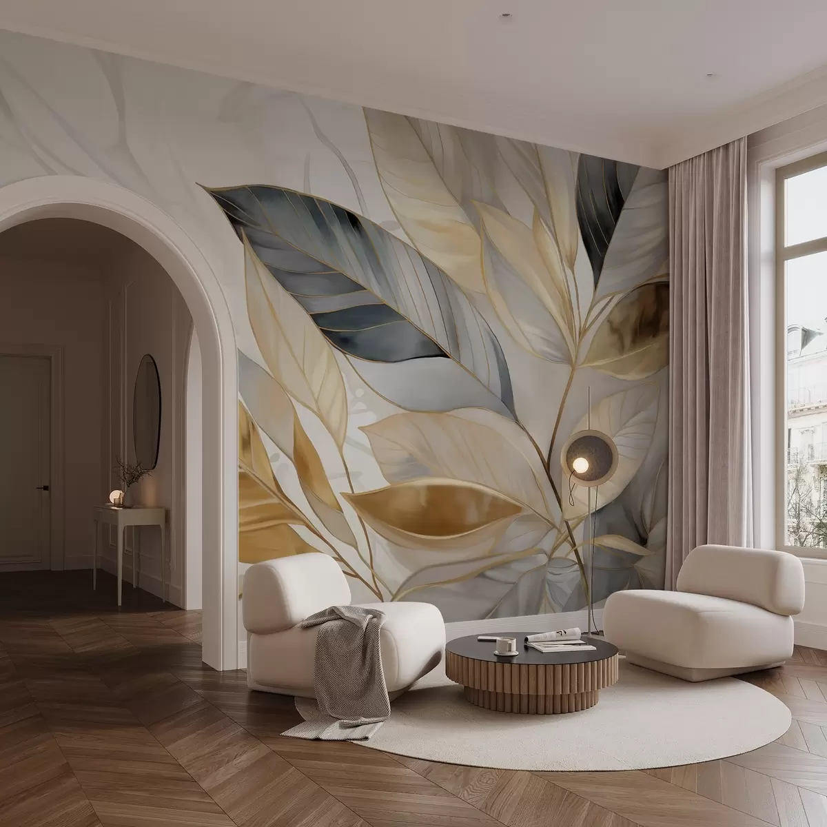 fototapet Galben, gri și alb delicate frunze mari pe un fundal alb abstract texturat w08828