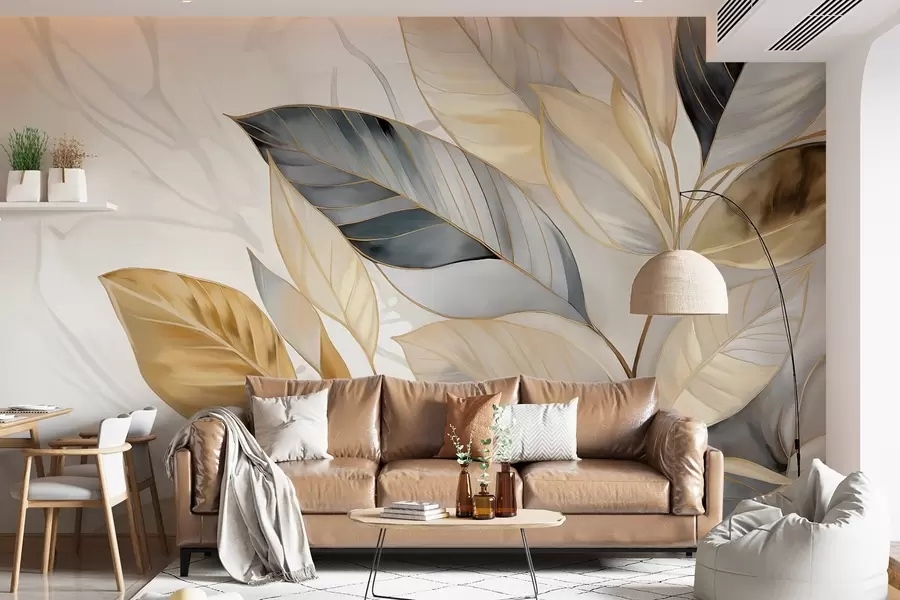 fototapet Galben, gri și alb delicate frunze mari pe un fundal alb abstract texturat w08828