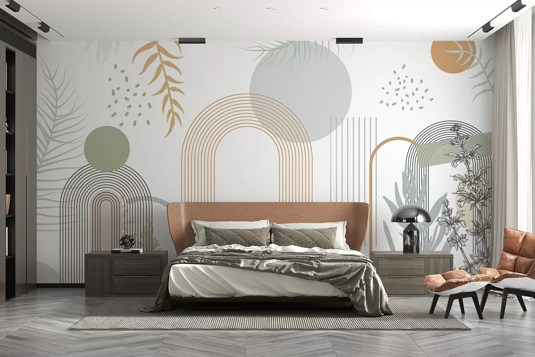 fototapet Imprimare abstractă cu forme geometrice, arcuri și frunze tropicale pe un fundal alb w08835