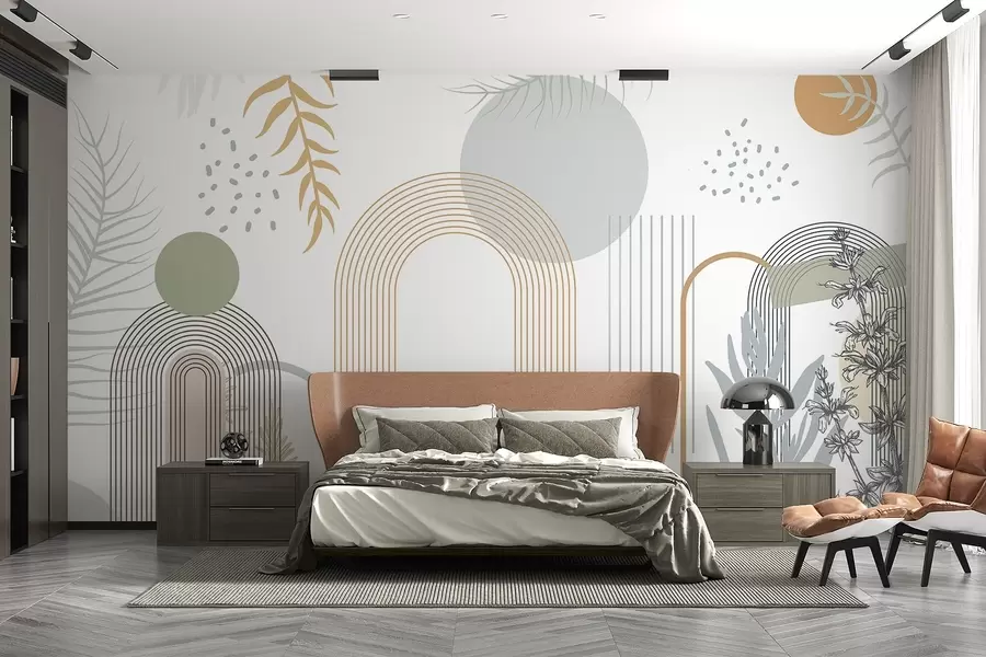 fototapet Imprimare abstractă cu forme geometrice, arcuri și frunze tropicale pe un fundal alb w08835