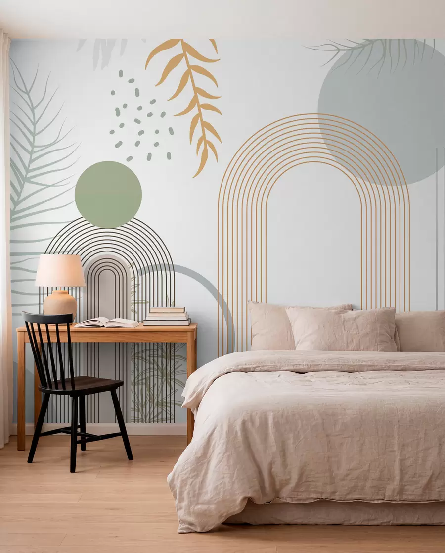 fototapet Imprimare abstractă cu forme geometrice, arcuri și frunze tropicale pe un fundal alb w08835