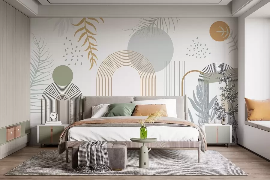fototapet Imprimare abstractă cu forme geometrice, arcuri și frunze tropicale pe un fundal alb w08835