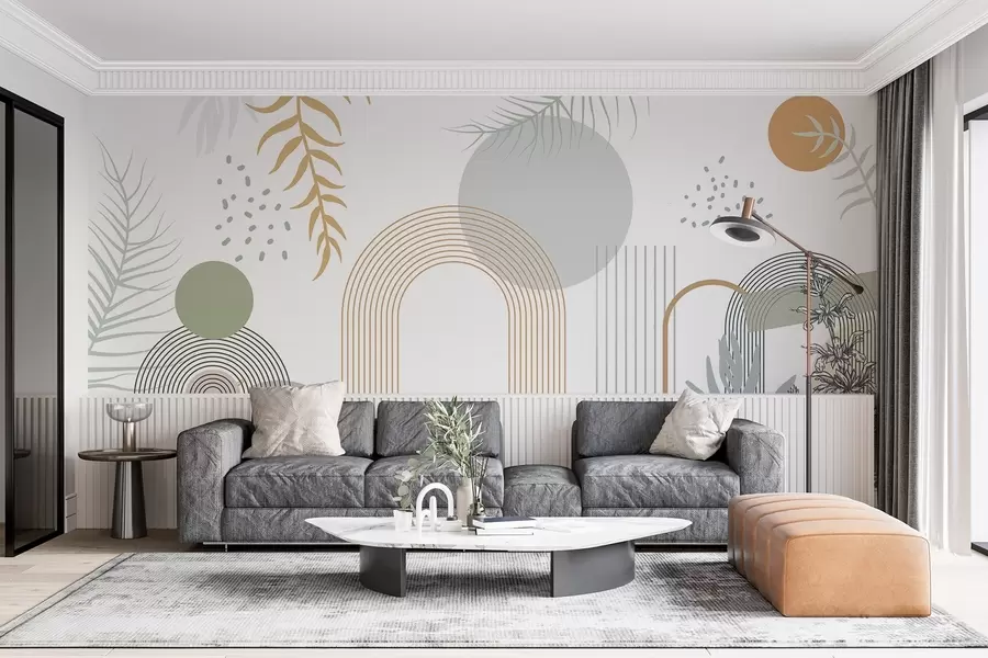 fototapet Imprimare abstractă cu forme geometrice, arcuri și frunze tropicale pe un fundal alb w08835