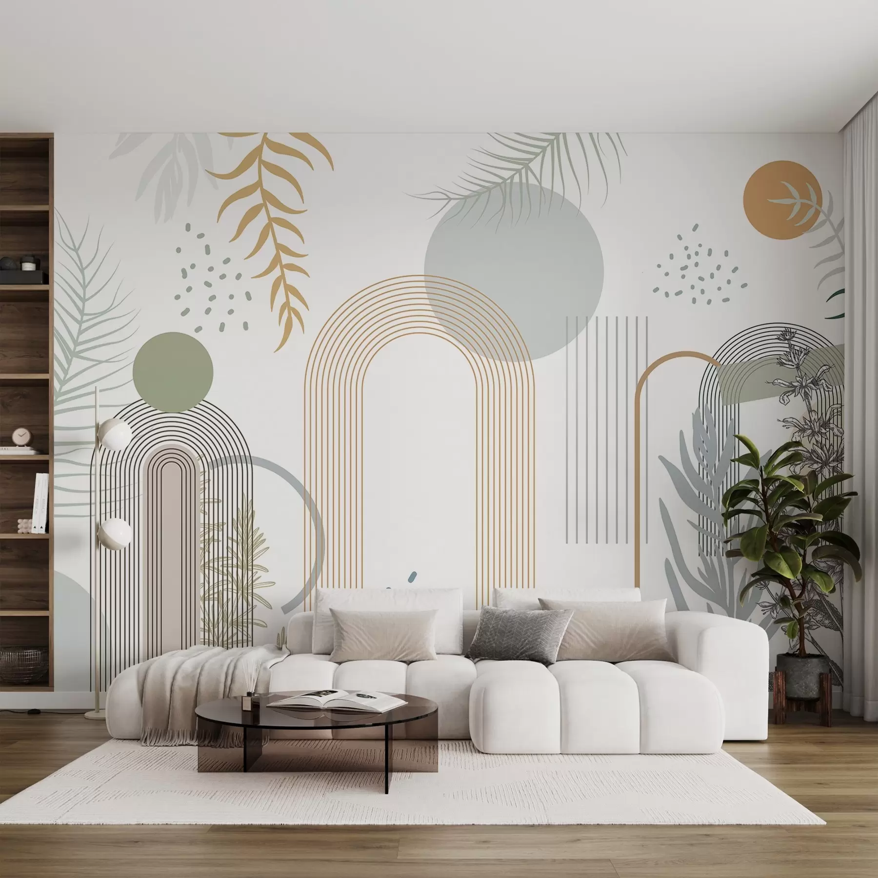 fototapet Imprimare abstractă cu forme geometrice, arcuri și frunze tropicale pe un fundal alb w08835