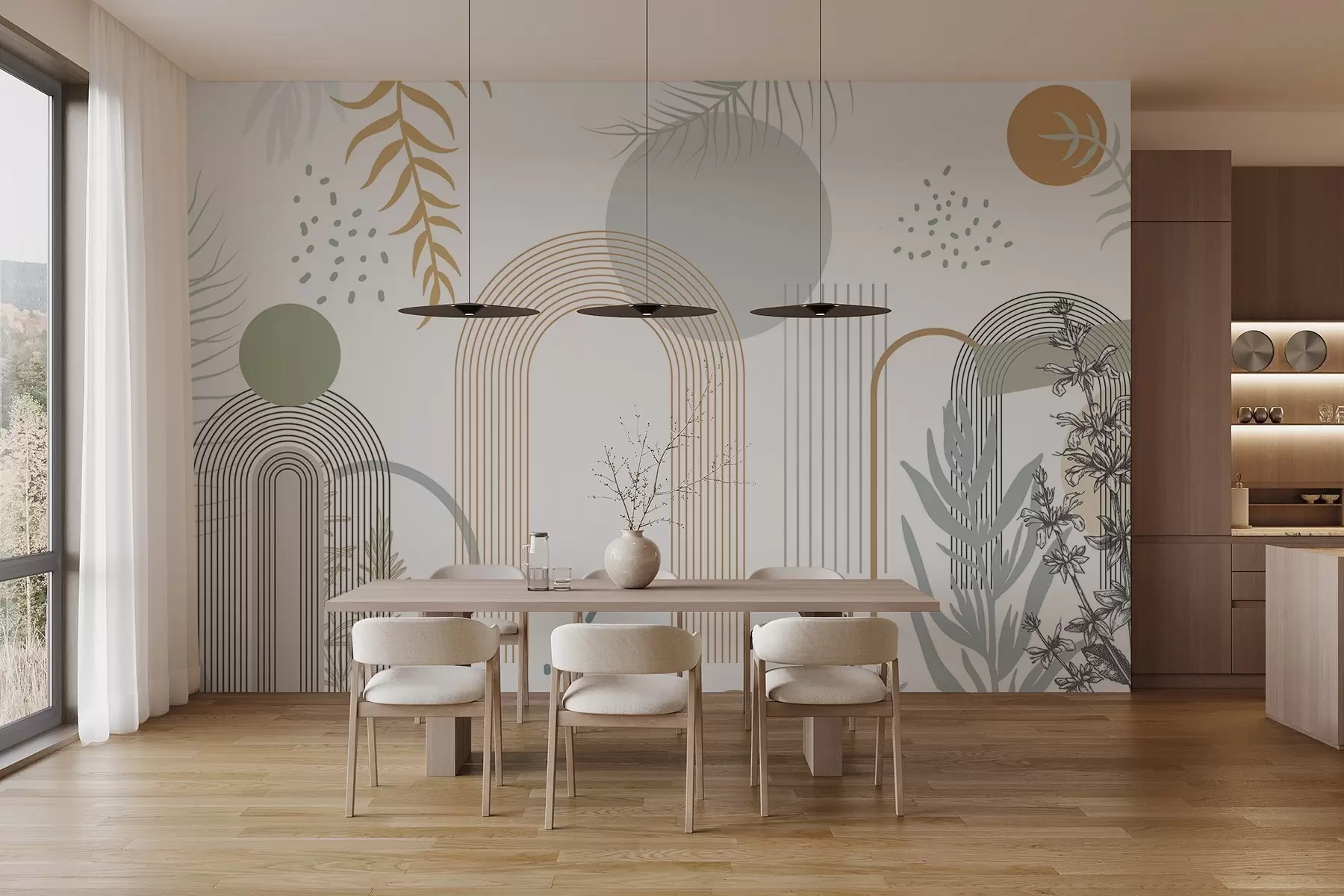 fototapet Imprimare abstractă cu forme geometrice, arcuri și frunze tropicale pe un fundal alb w08835