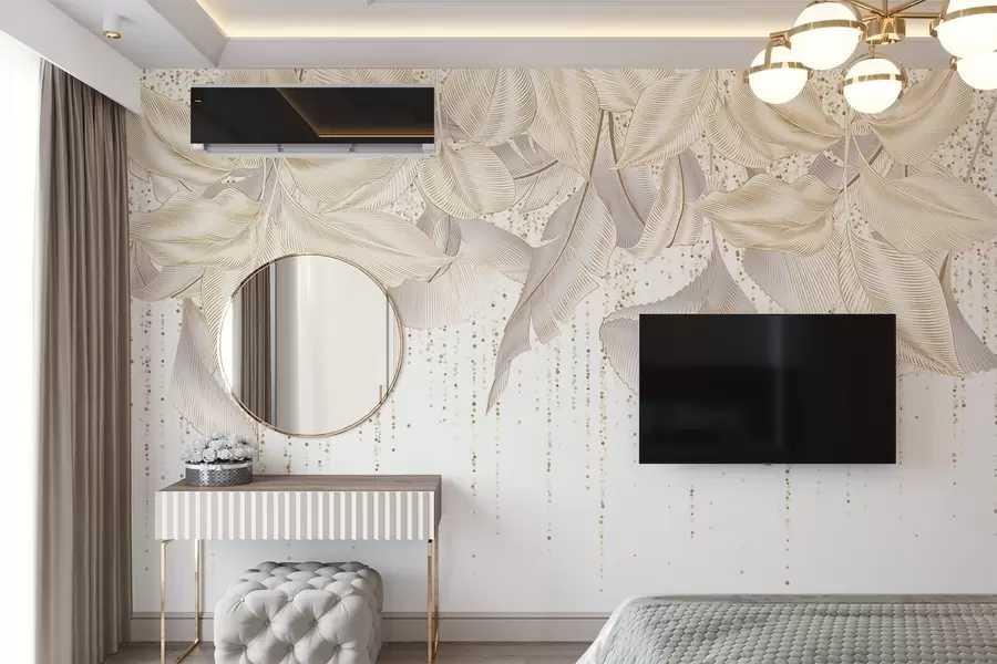 fototapet Alb detaliate frunze tropicale și puncte galbene textura pe un fundal alb w08836