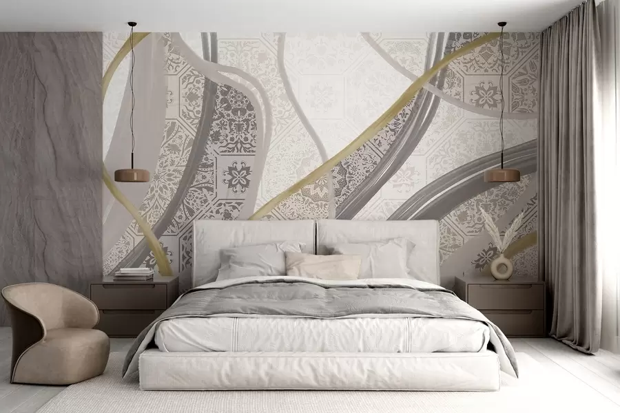 fototapet Tablou abstract cu modele geometrice și linii curbe în culorile bej, gri și galben w08837