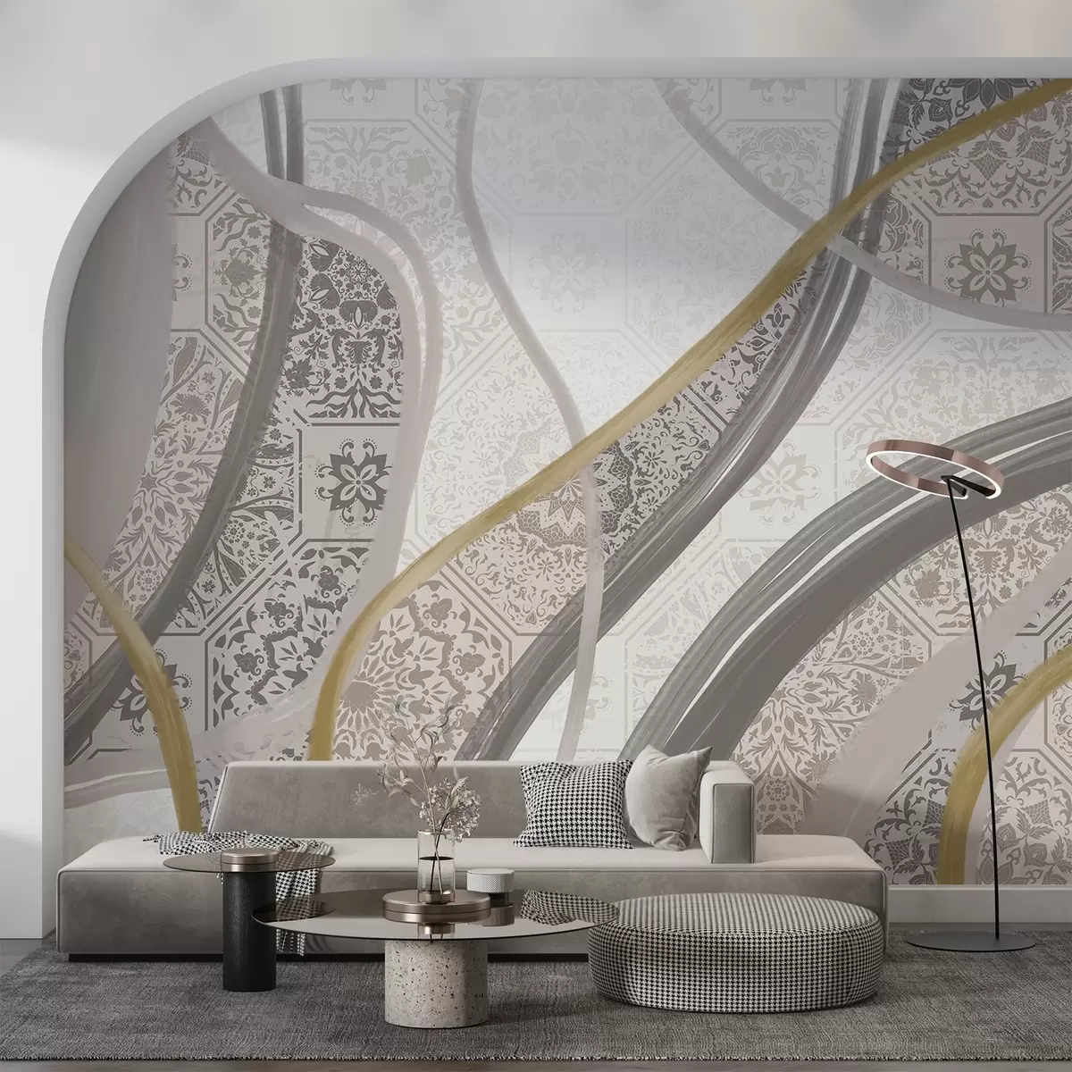 fototapet Tablou abstract cu modele geometrice și linii curbe în culorile bej, gri și galben w08837