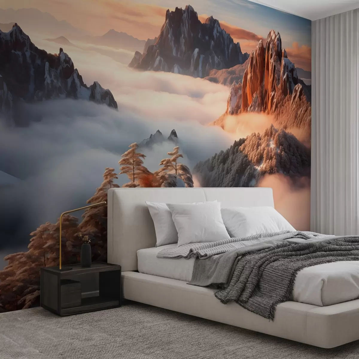 fototapet Fermecător peisaj montan cu ceață și copaci w08807