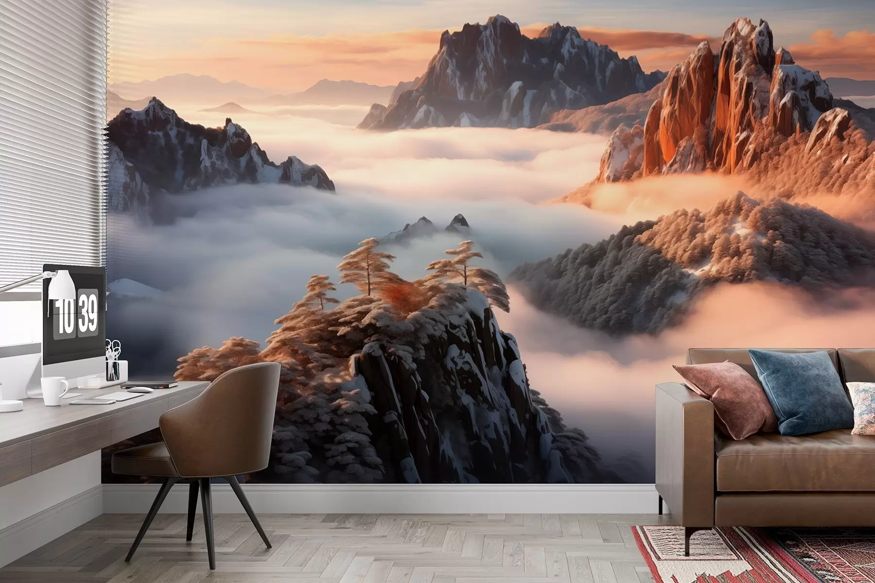 fototapet Fermecător peisaj montan cu ceață și copaci w08807