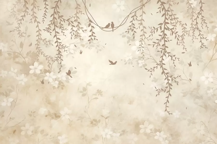 fototapet Păsări cu plante suspendate și un model floral în tonuri de bej-crem deschis w08809