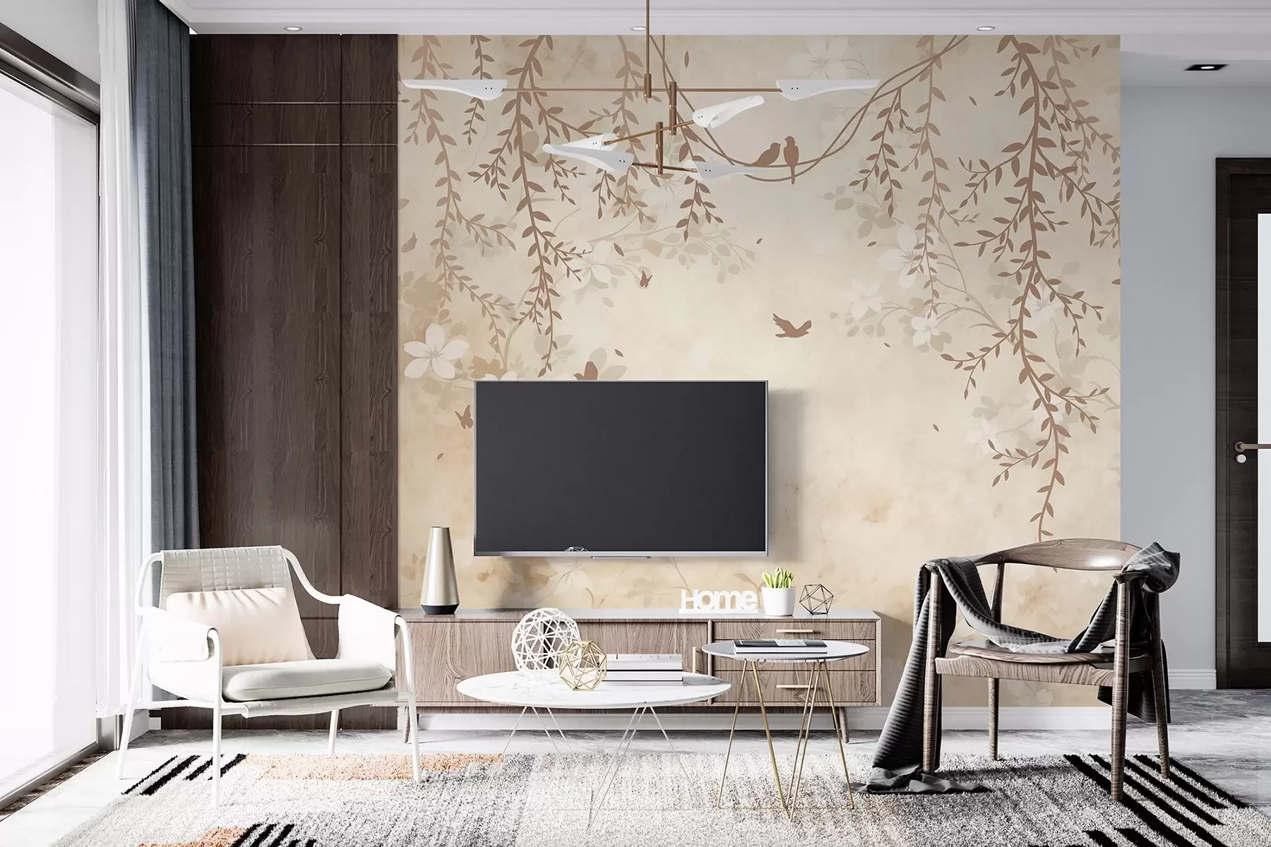 fototapet Păsări cu plante suspendate și un model floral în tonuri de bej-crem deschis w08809