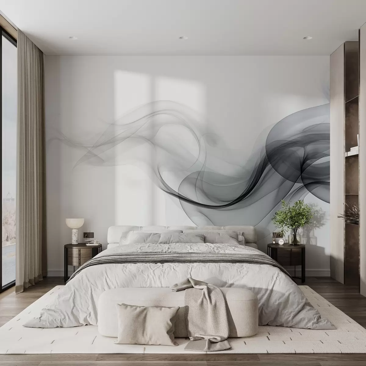 fototapet Fum negru translucid, un design abstract pe un fundal alb w08813