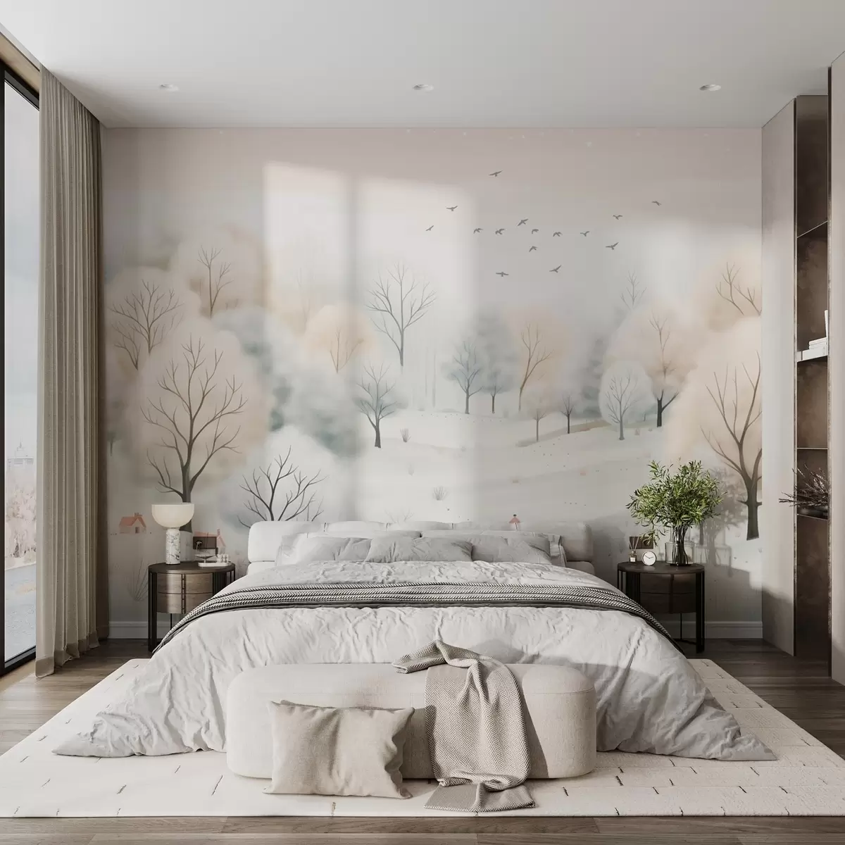 fototapet Pădure de iarnă cu copaci, case mici, păsări și zăpadă într-un stil de acuarelă ușoară w08815