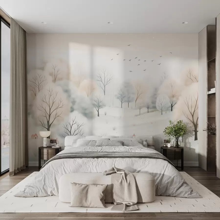 fototapet Pădure de iarnă cu copaci, case mici, păsări și zăpadă într-un stil de acuarelă ușoară w08815