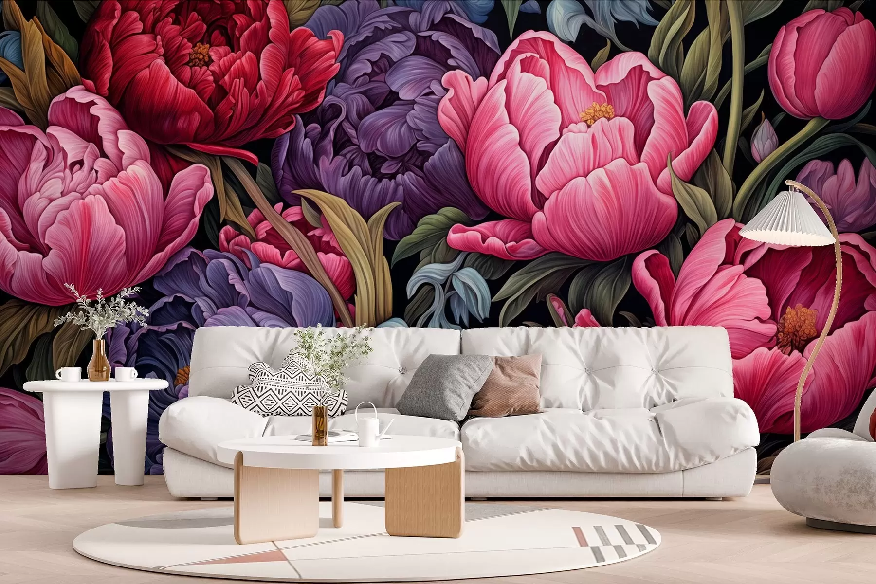 fototapet Lalele și bujori în stil victorian, în culori roz și violet w08818