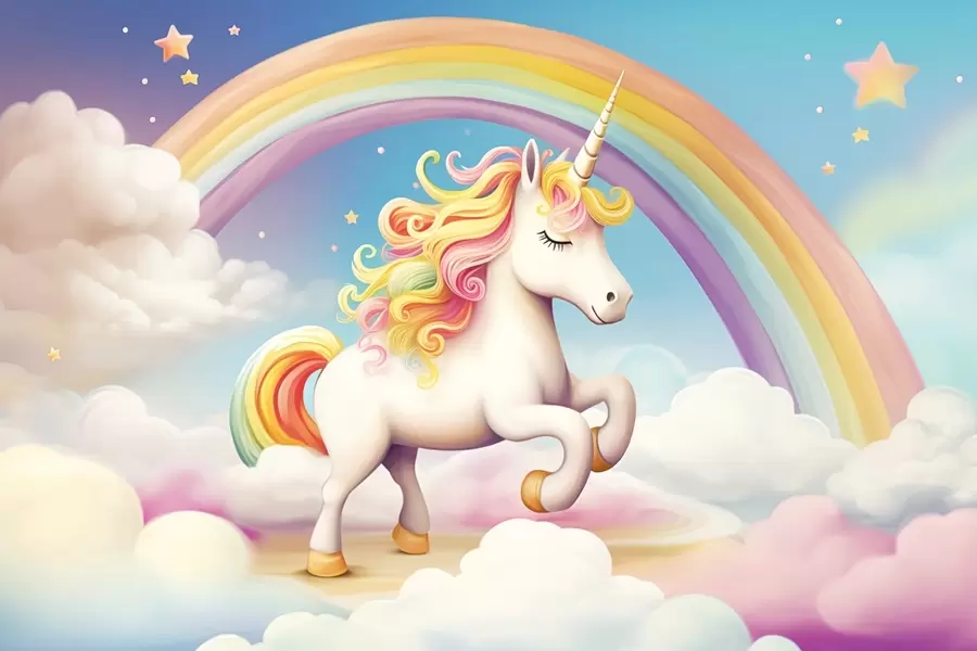 fototapet Un cal unicorn cu un curcubeu, nori și un cer înstelat w08820