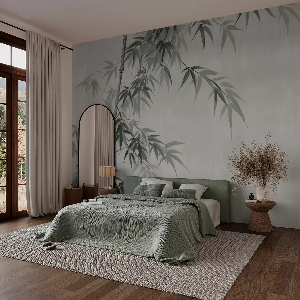 fototapet Frunze de bambus pe fundal ușor pătat imitație de acuarelă w03178