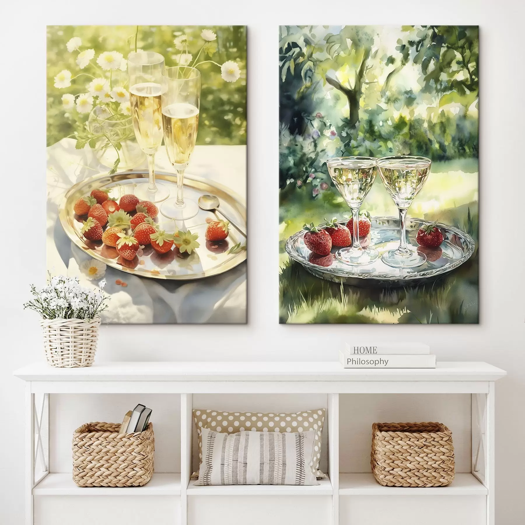 Tablouri Picnic de vară, pahare de șampanie cu căpșuni pe tavă, flori de mușețel m00414