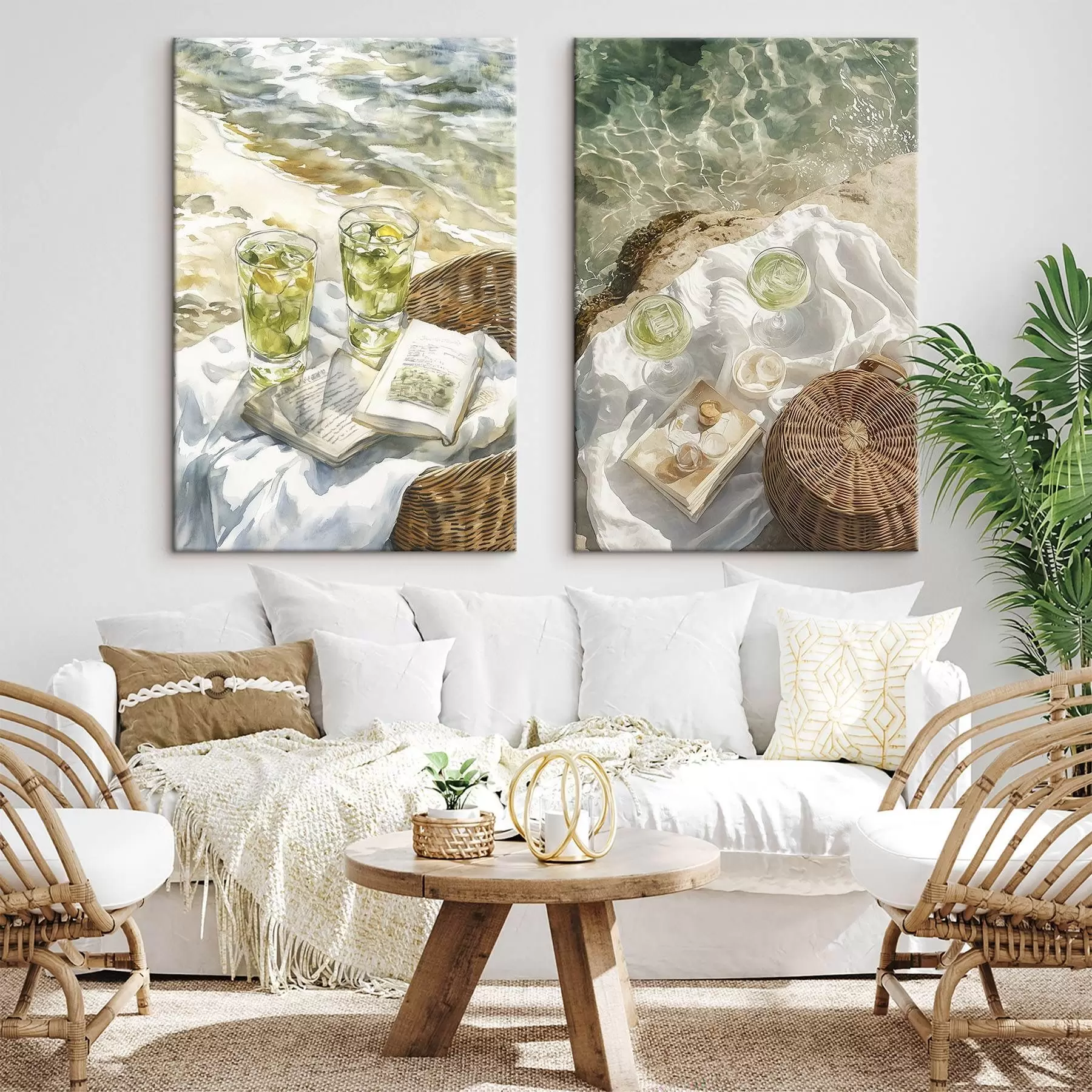Tablouri Cocteiluri pe plajă, desen în stil acuarelă, ocean, picnic de vară m00417