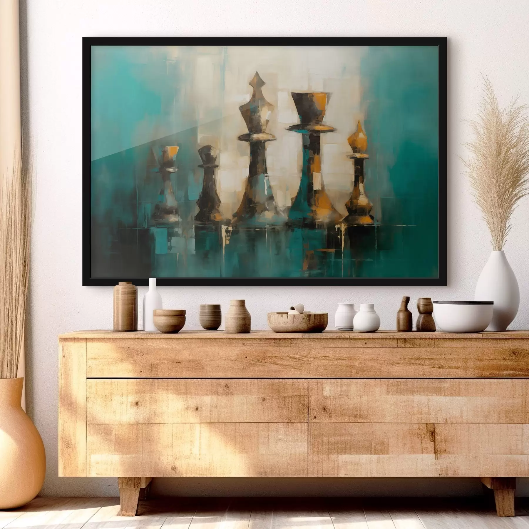 Tablouri O compoziție picturală abstractă de piese de șah în nuanțe  f43137