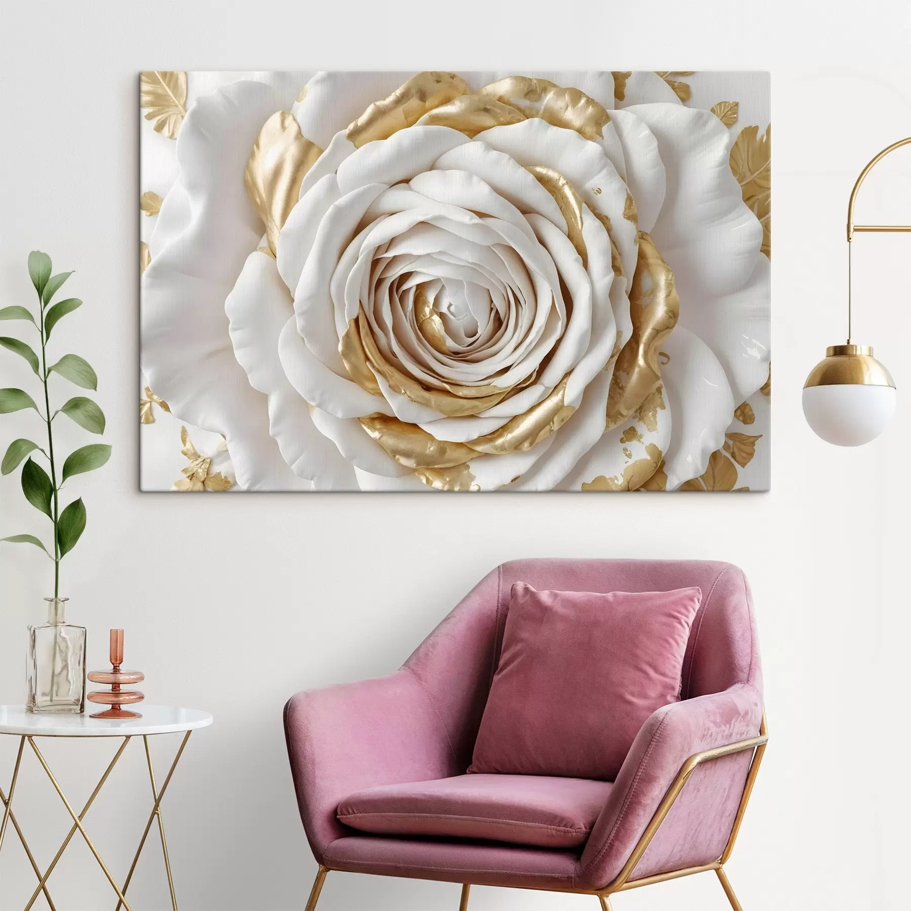 Tablouri Un trandafir decorativ minimalist alb cu accente galbene, petalele sunt stratificate și încrețite s43160