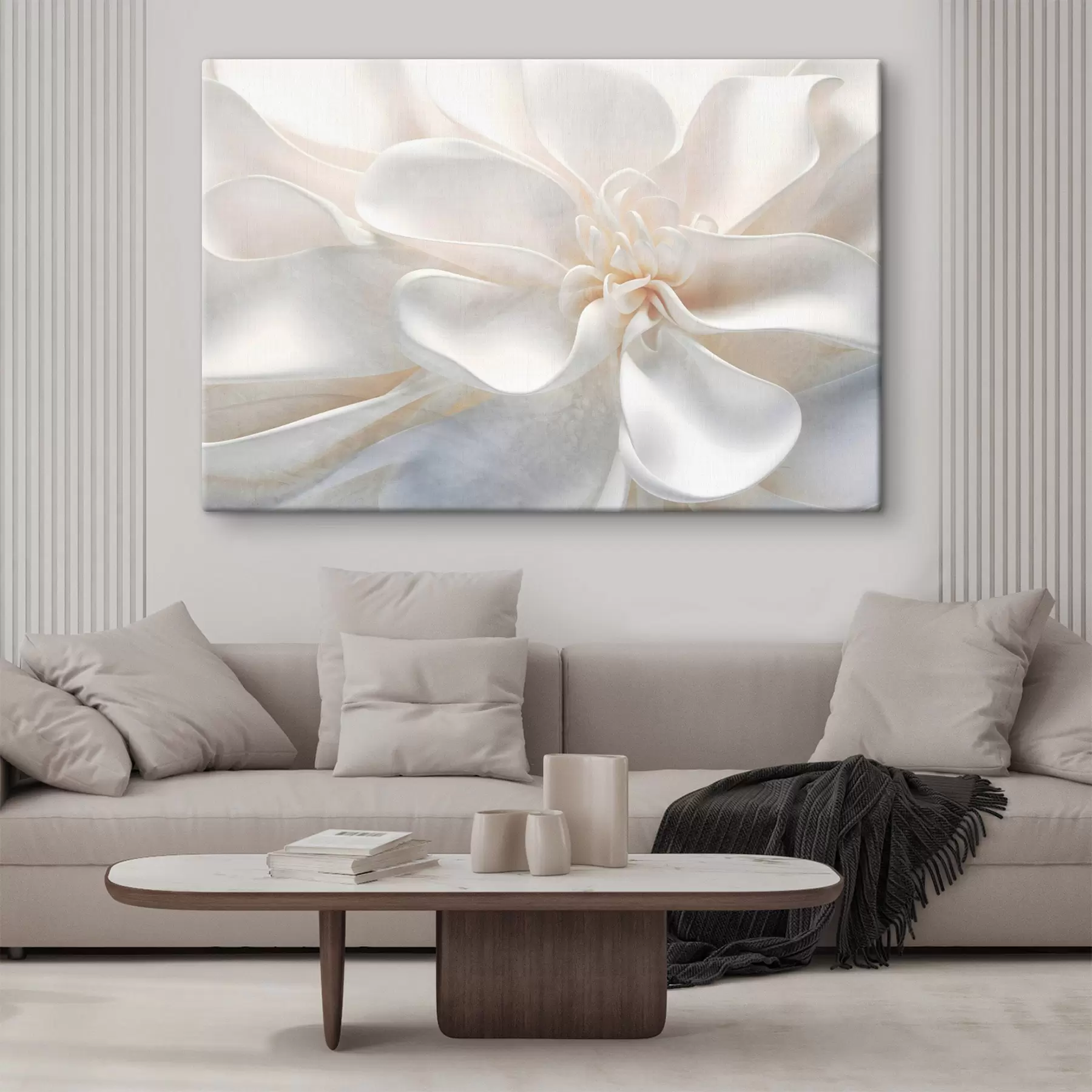 fototapet Close-up al unei flori abstracte albe texturate zgomotos, cu petale delicate în culori pastelate s43161