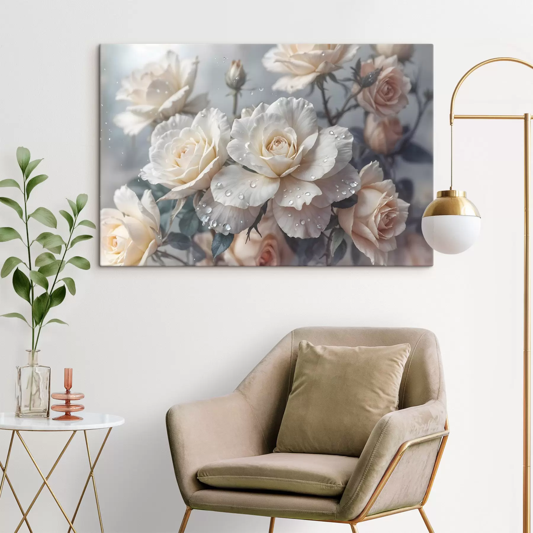 fototapet Un grup de trandafiri albi cu picături de apă pe petale, câteva frunze verzi, fundal mut, lumină moale s43163