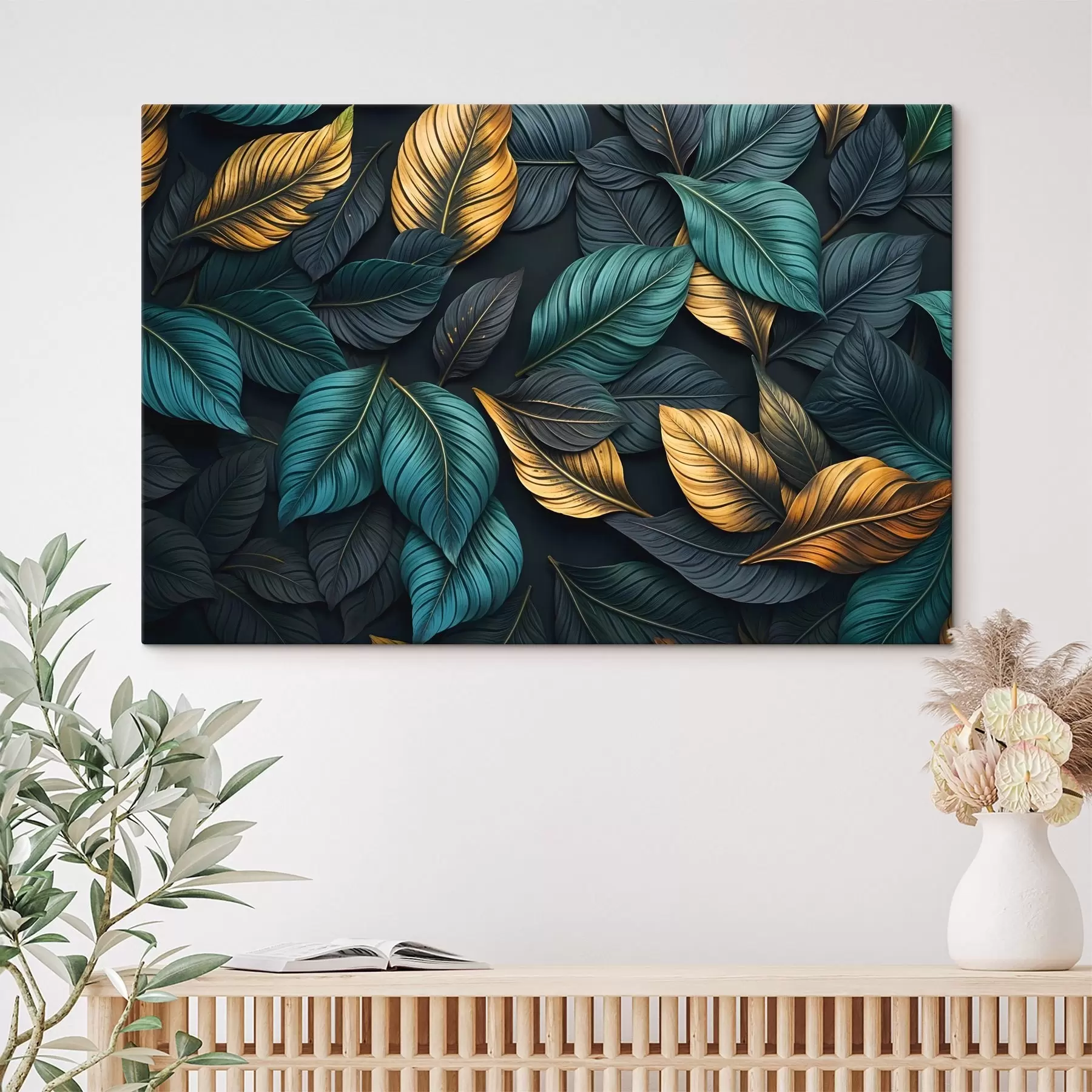 fototapet Frunze verde închis, galbene și negre cu vene întunecate, pe un fundal întunecat, atmosferă tropicală elegantă s43164