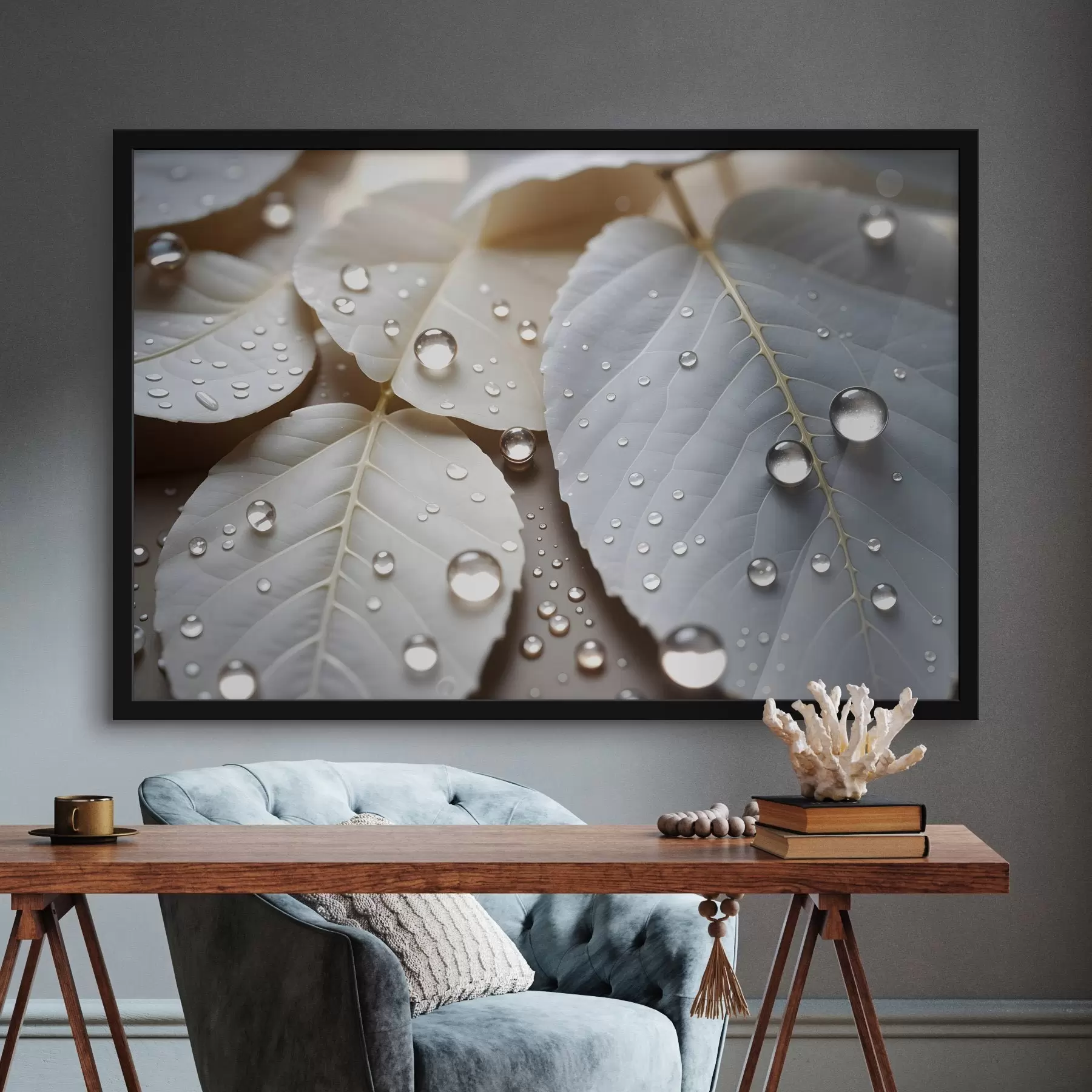 fototapet Close-up de frunze albe acoperite cu picături de apă, o compoziție minimalistă, fundal neutru f43159