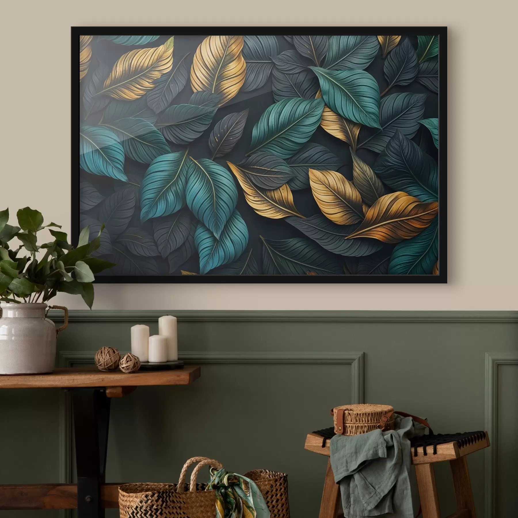 Tablouri Frunze verde închis, galbene și negre cu vene întunecate, pe un fundal întunecat, atmosferă tropicală elegantă f43164