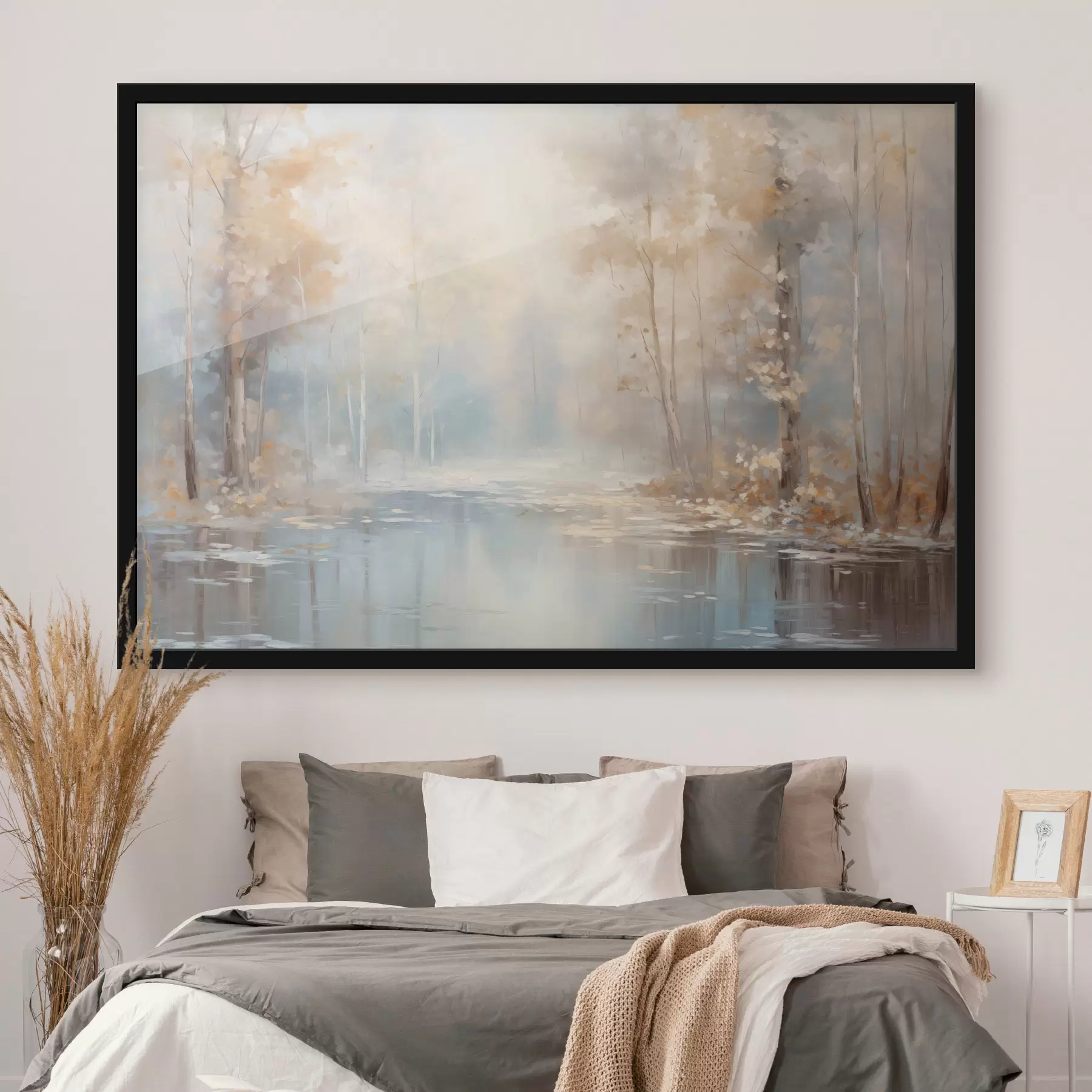 fototapet Peisaj pictură în ulei imitație de un râu calm care reflectă lumina moale, înconjurat de copaci de toamnă f43167