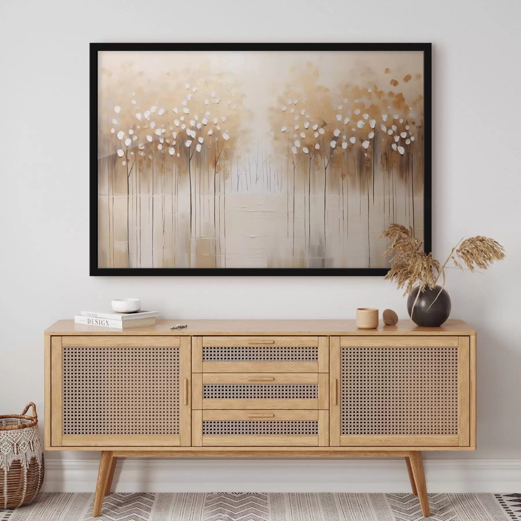 fototapet Pictură în ulei imitație de copaci maro cu frunze albe într-o pădure cu un râu în mijloc, fundal alb f43172