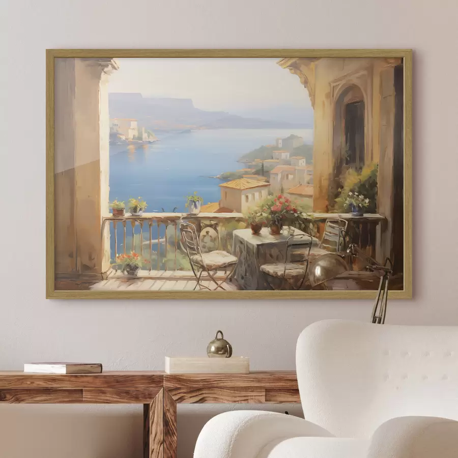 fototapet Pictura in ulei imitație de balcon cu flori, cu vedere la mare, case pe coasta, zi însorită, cer albastru f43173