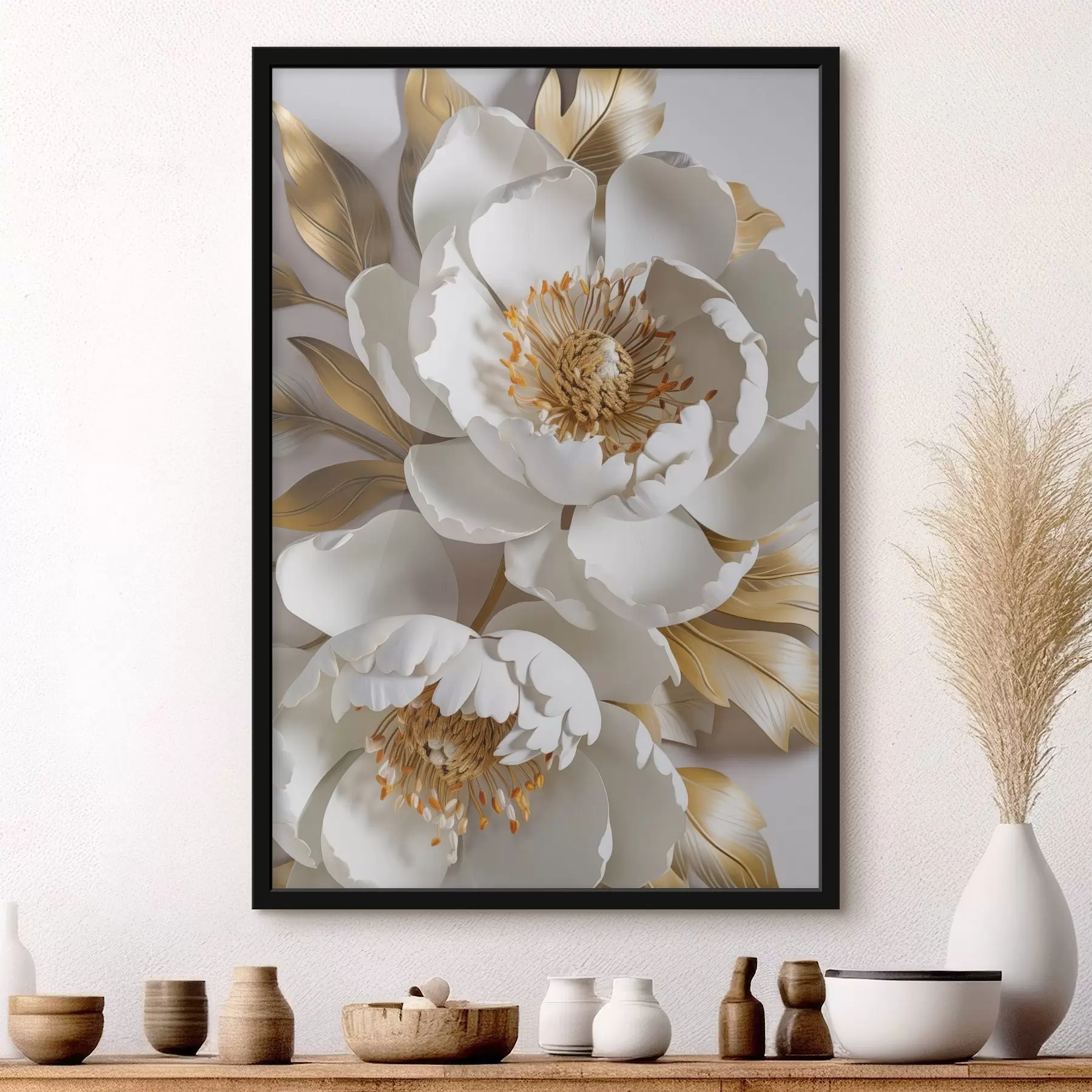 Tablouri Alb delicat detaliate flori de bujor decorative cu frunze galbene, fundalul este o culoare gri deschis f43176