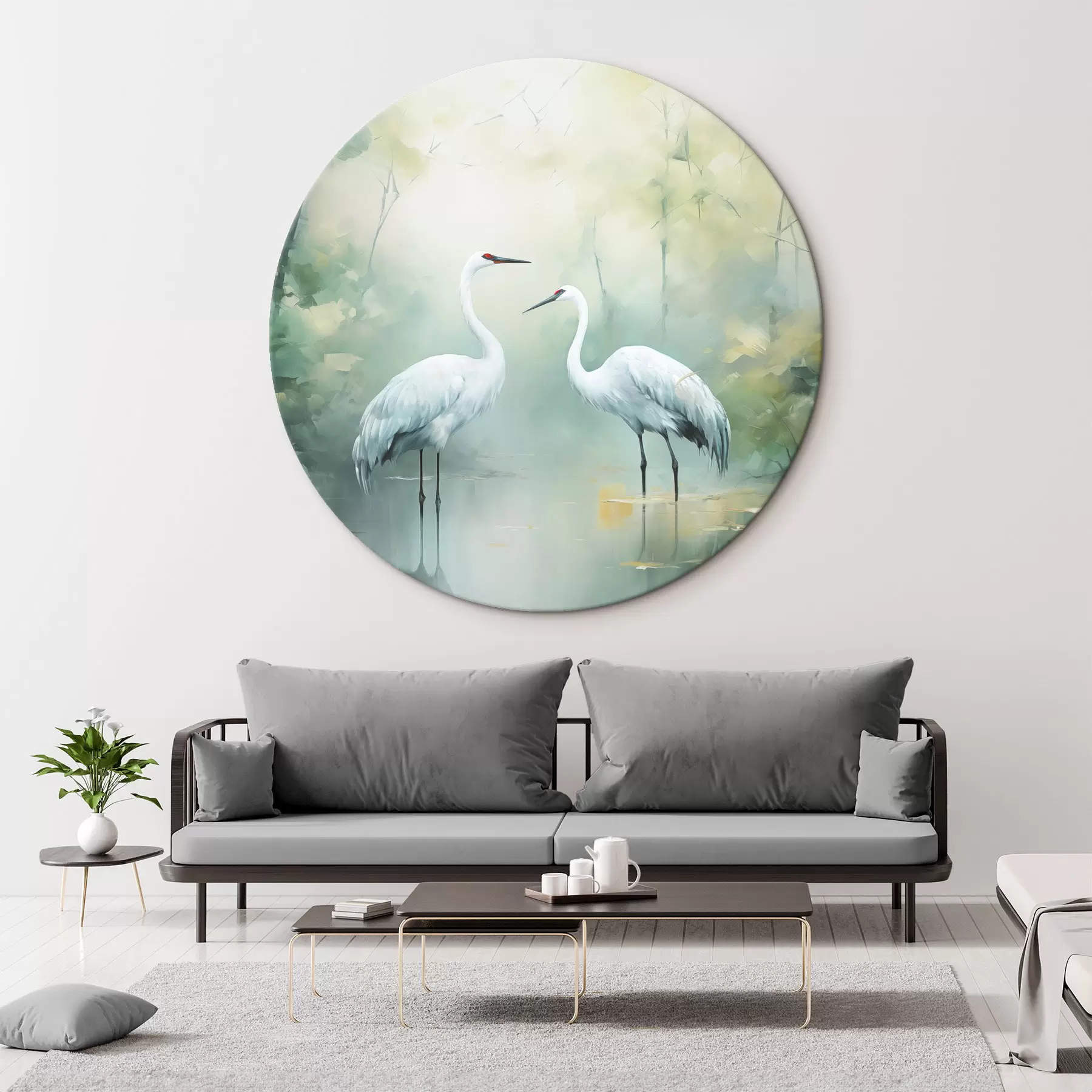 Tablouri Doi cocori albi în picioare într-un iaz, înconjurați de o pădure verde luxuriantă, cu iluminare difuză, moale r43166