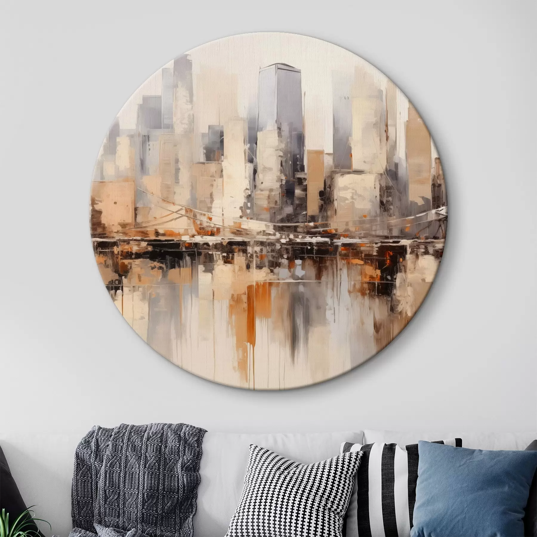 Tablouri Pictura abstractă a peisajului urban cu clădiri înalte în nuanțe de maro, gri și alb, reflectate în apa de mai jos r43168