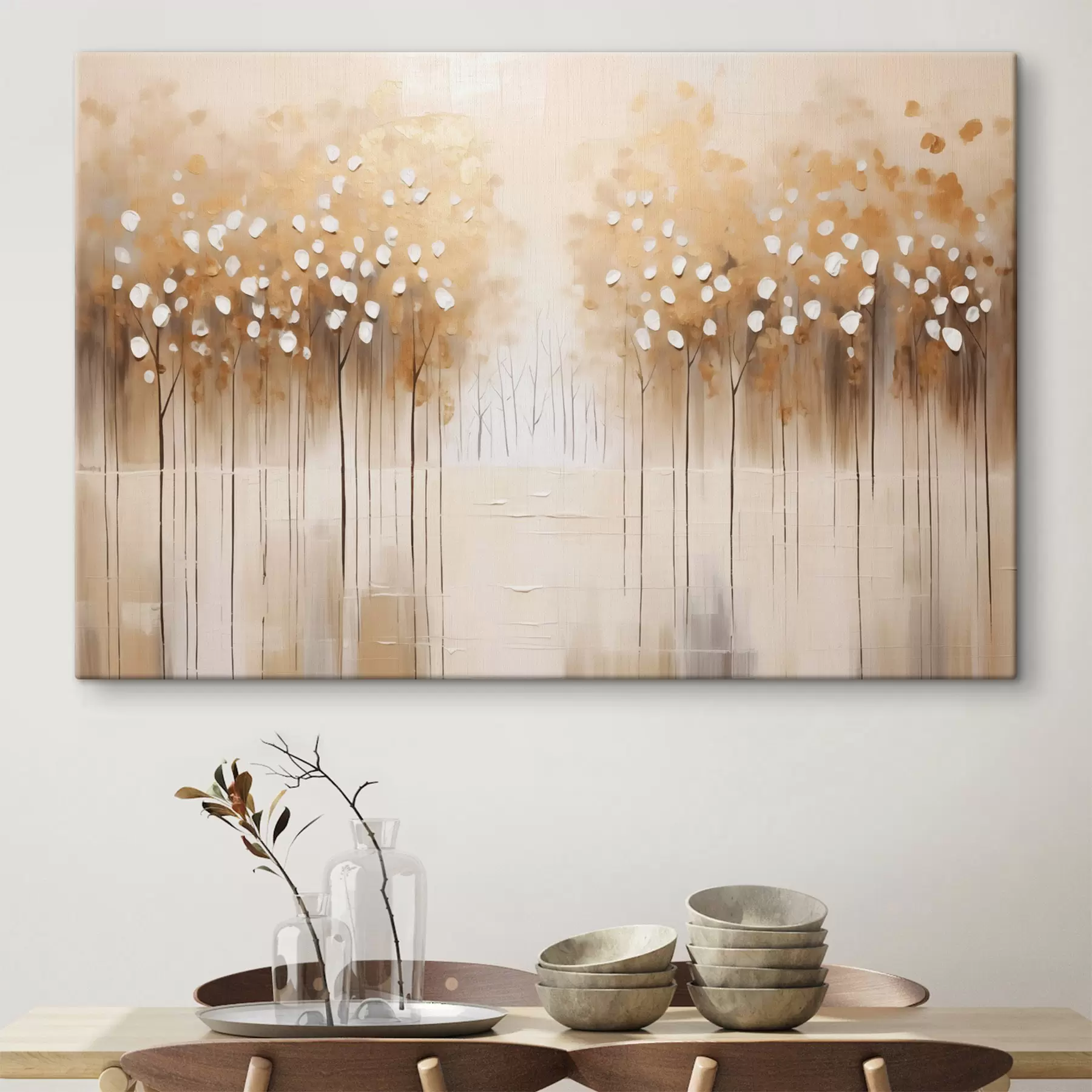 Tablouri Pictură în ulei imitație de copaci maro cu frunze albe într-o pădure cu un râu în mijloc, fundal alb s43172