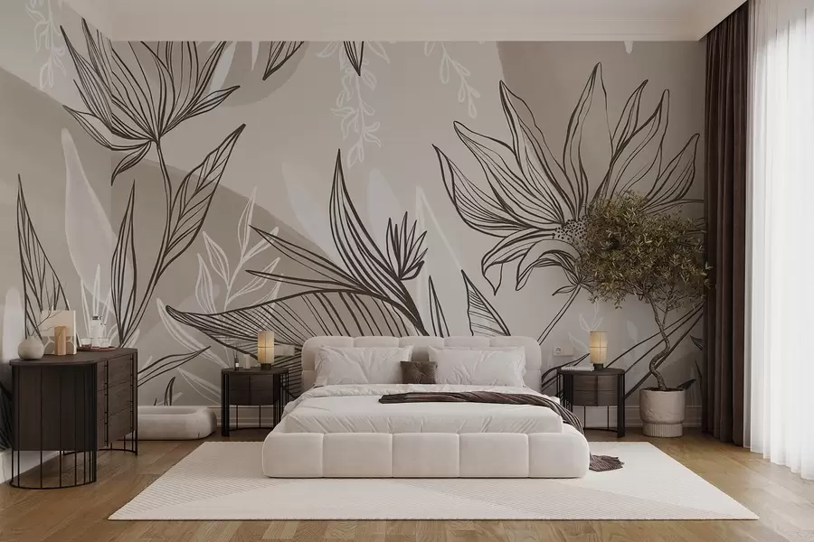 fototapet Floral line art cu frunze mari și flori, pe un fundal de acuarelă bej  w08865v1