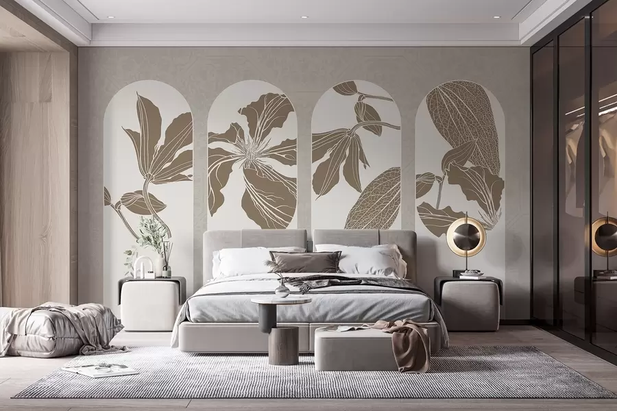 fototapet Arce elegante cu desene florale în bej și alb, pe un fundal texturat bej, stil minimalist w08866
