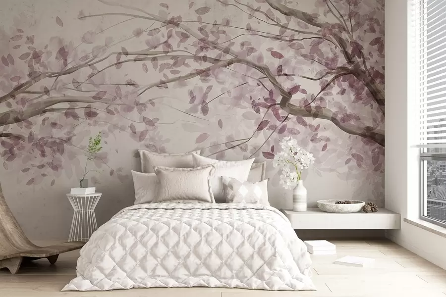 fototapet Ramuri de flori cu frunze roz, culori moi, detalii delicate, stil acuarelă, pe un fundal deschis w08867