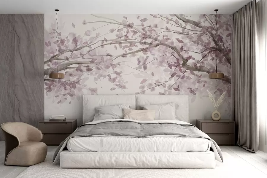 fototapet Ramuri de flori cu frunze roz, culori moi, detalii delicate, stil acuarelă, pe un fundal deschis w08867