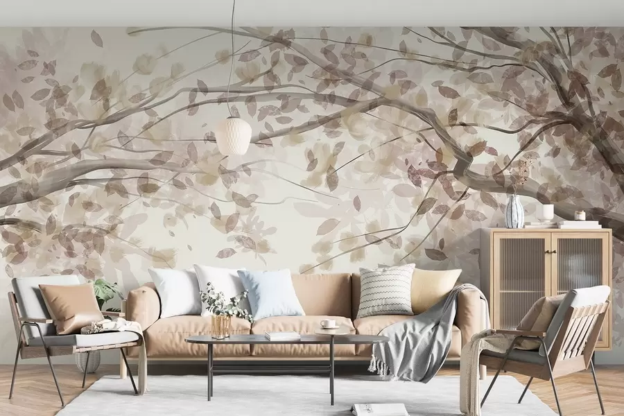 fototapet Ramuri de flori cu frunze bej, culori moi, detalii delicate, stil acuarelă, pe un fundal deschis w08867v1