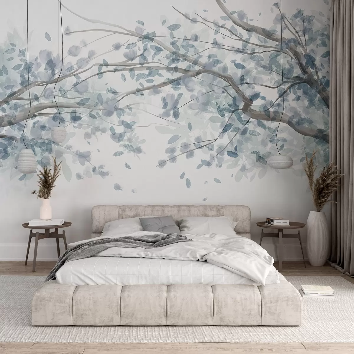 fototapet Ramuri de flori cu frunze albastre, culori moi, detalii delicate, stil acuarelă, pe un fundal deschis w08867v2